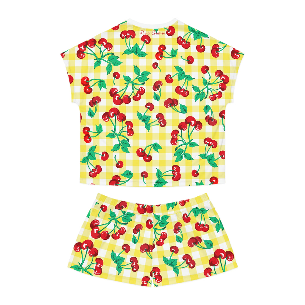 TGIF Sleepover PJs in Cherry Girl Yellow & White Gingham Tee & Pajama Shorts-Set