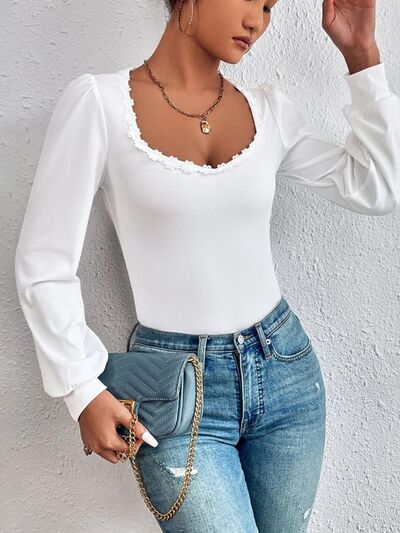 Antoine Princess Neckline Stretch Top with Puff Sleeves in Solid White | Poundton