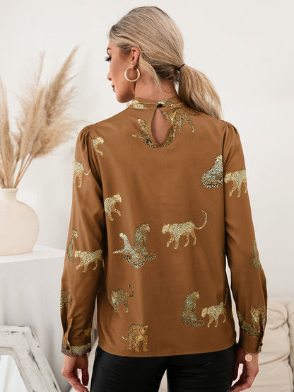 Call of the Wild Leopard Graphic Mock Neck Puff Sleeve Blouse