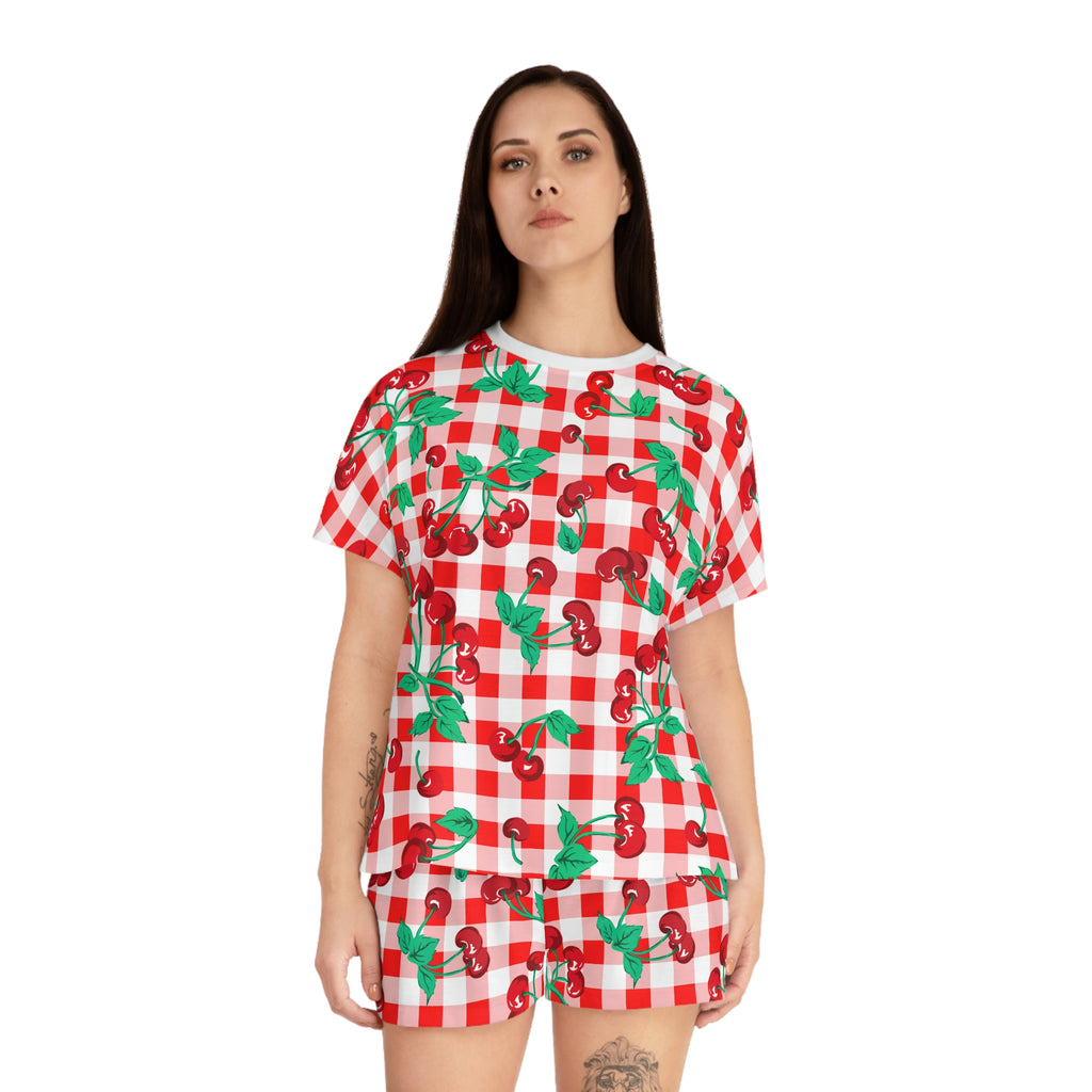 TGIF Sleepover PJs in Red & White Gingham Cherry Girl Tee & Pajama Shorts-Set