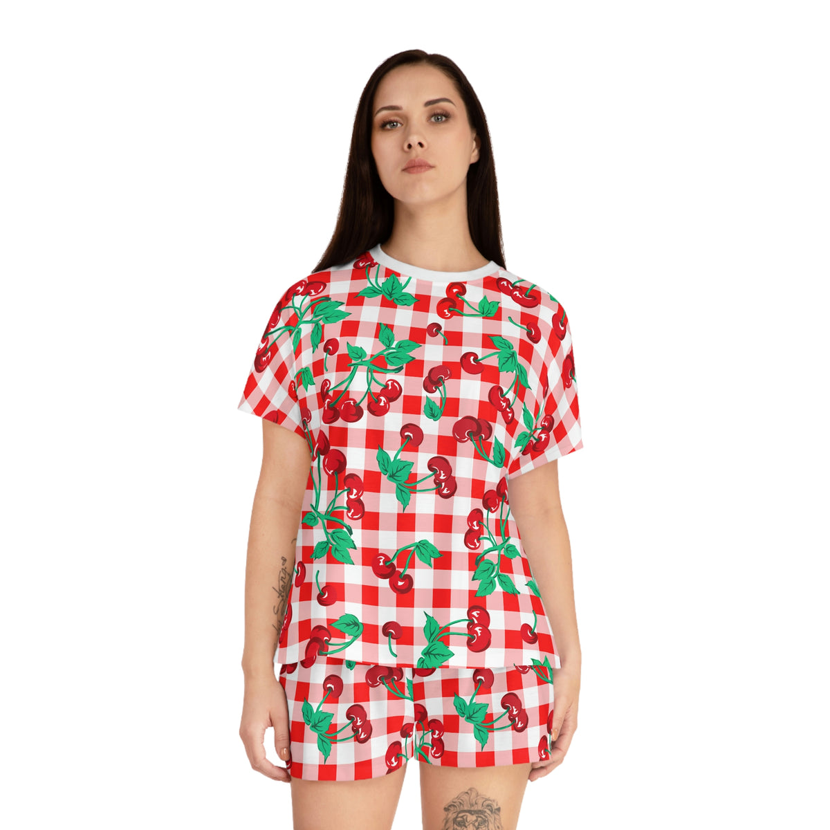 TGIF Sleepover PJs in Red & White Gingham Cherry Girl Tee & Pajama Shorts-Set