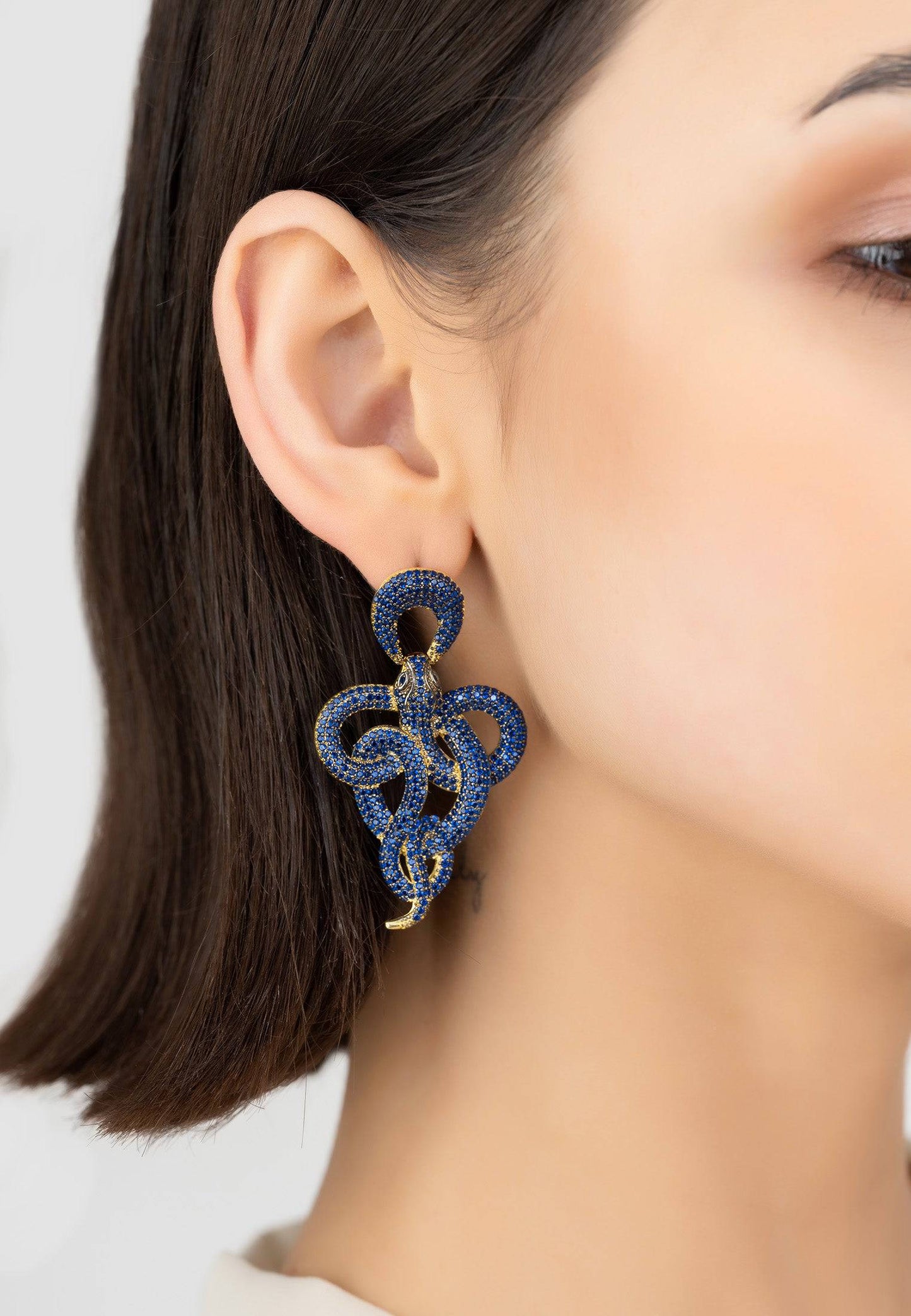 Blue Zircon Viper Snake Yellow Gold Dipped Earrings | Latelita