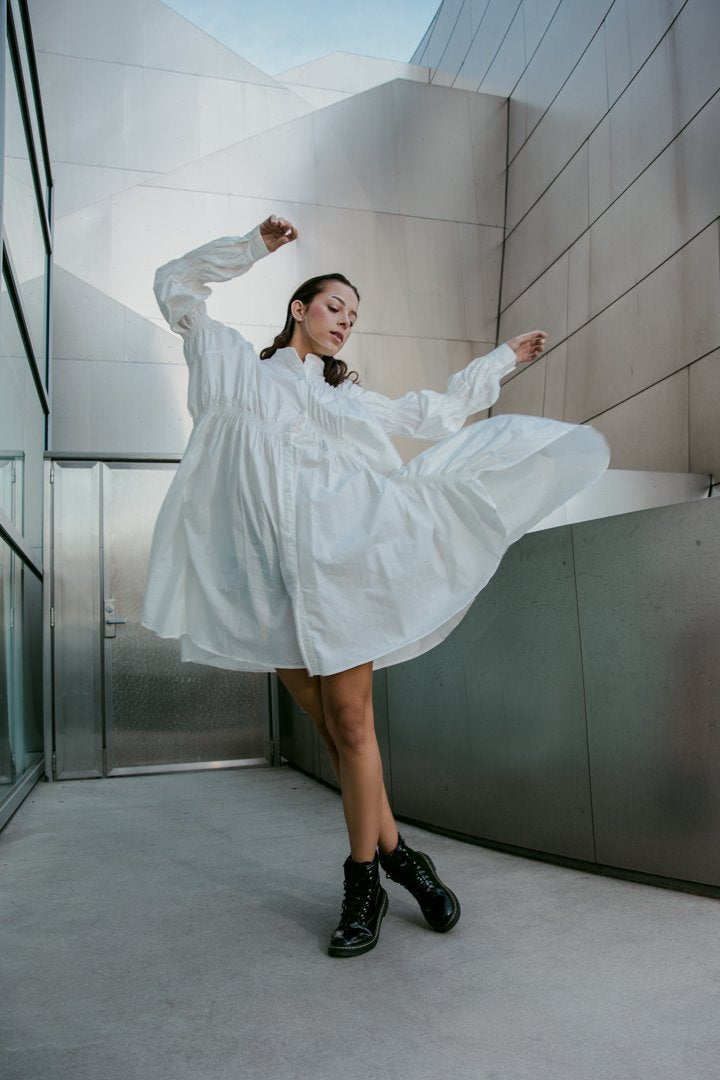 Hotaru Hedges Long Sleeve Pleated Cotton Shirt Dress in White | Marigold Shadows
