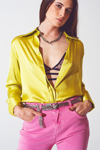 Bianca Satin Button Down Shirt With Split Cuff in Solid Lime Green | Q2