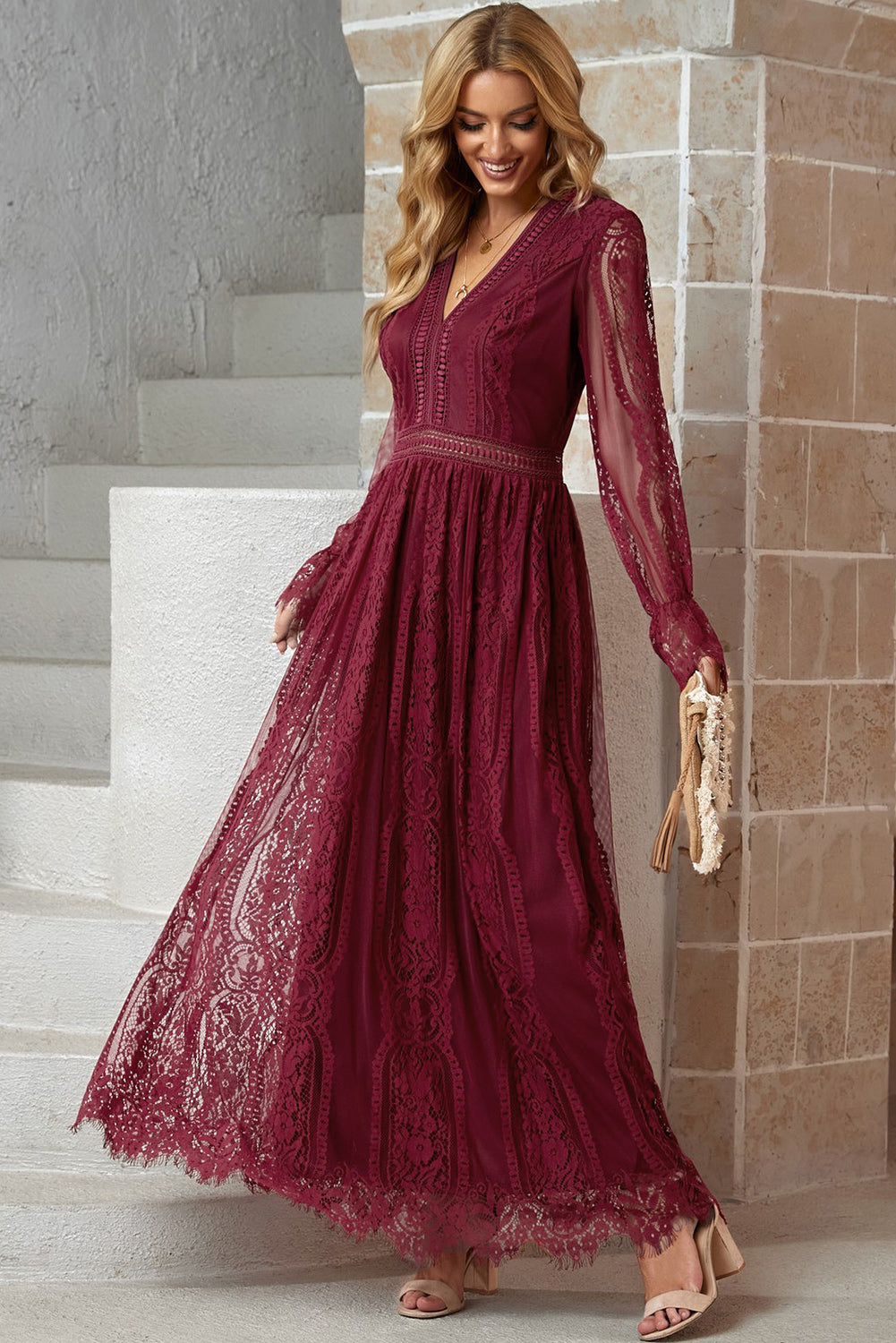 Dreams 70's Boho  Lace Maxi Dress in Wine or Wedding White