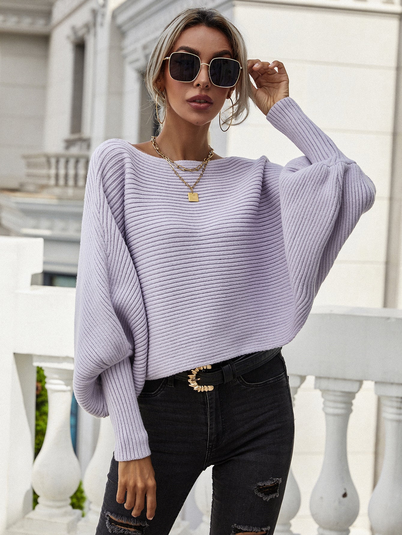 Across The Board Dolman Sleeve Ribbed Sweater in Black, White, Lavender, Rose, Olive, or Khaki