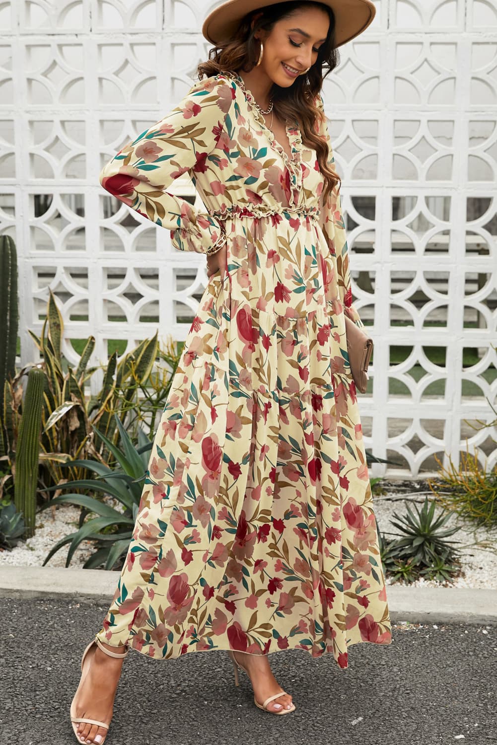 Floral Frill Trim Flounce Sleeves Plunge Maxi Dress –