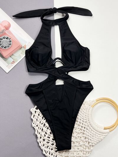 Farah Eye Cutout Neck One-Piece Swimwear in Black