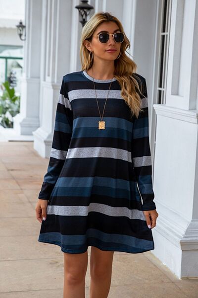 Clarissa Striped Round Neck Long Sleeve Dress | 4 Colors