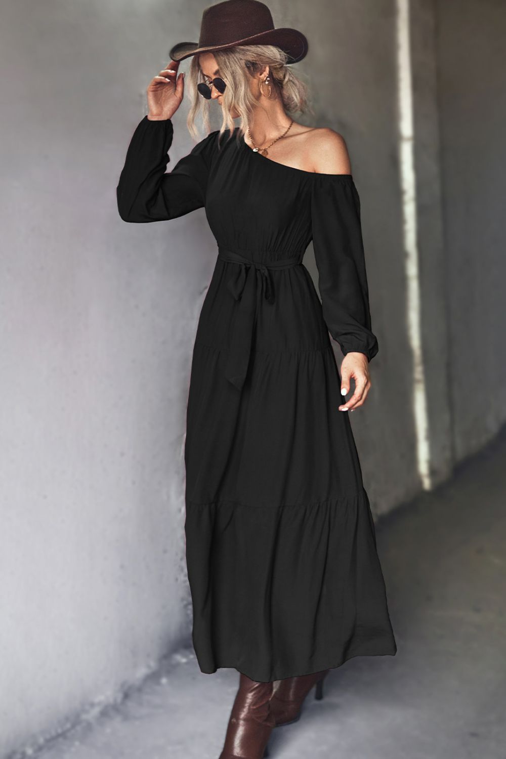 Off The Shoulder Tiered Maxi Dress in Black or Green