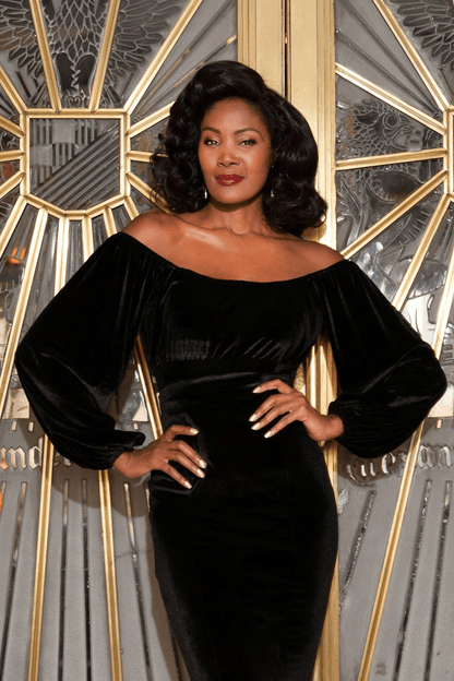 Swann Long Sleeve Peasant Top in Black Stretch Velvet | Pinup Couture - pinupgirlclothing.com