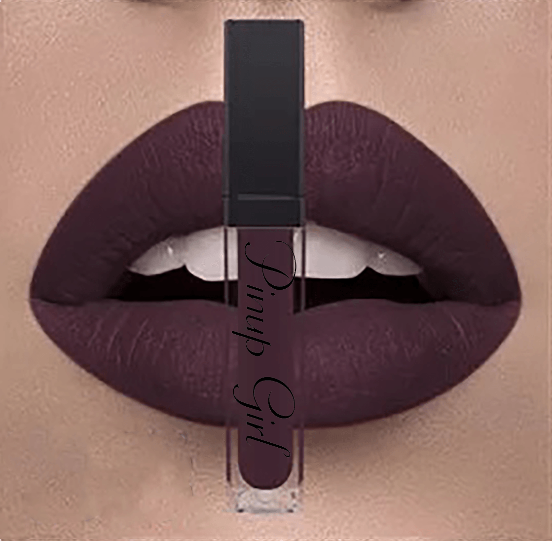 Pictured is a swatch of the Pinup Girl Clothing no smudge liquid matte lipstick in Satin Glove Purple