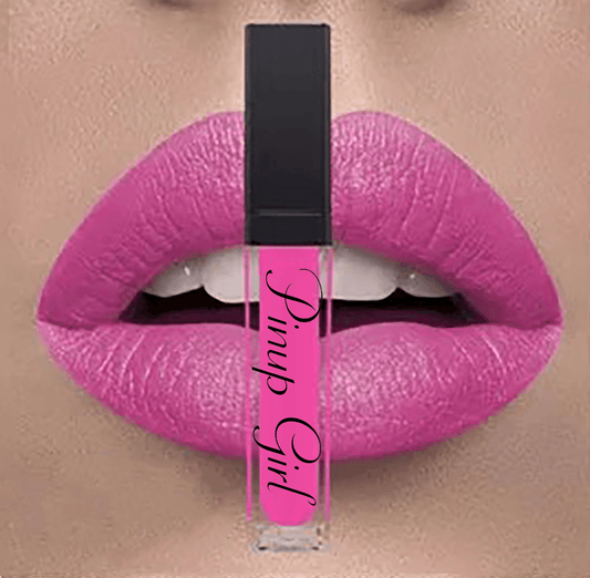 Pictured is a swatch of the Pinup Girl Clothing no smudge liquid matte lipstick in Ribboncuff Pink
