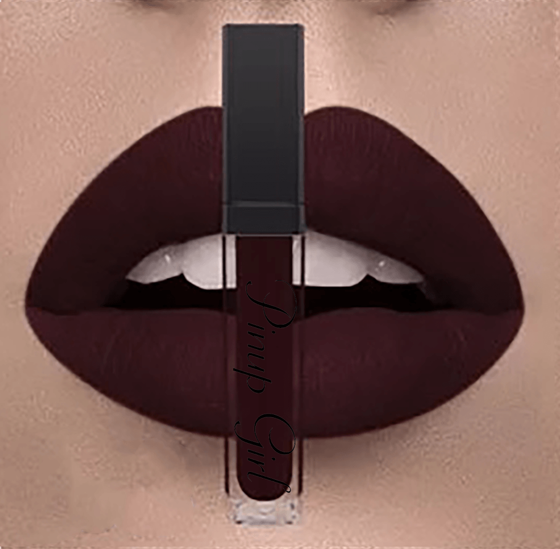 Pictured is a swatch of the Pinup Girl Clothing no smudge liquid matte lipstick in Lilith's Kiss Burgundy