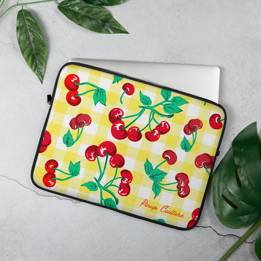 Lindy Yellow Gingham Cherries Vintage Print Laptop Sleeve | 2 Sizes | Pinup Couture Relaxed