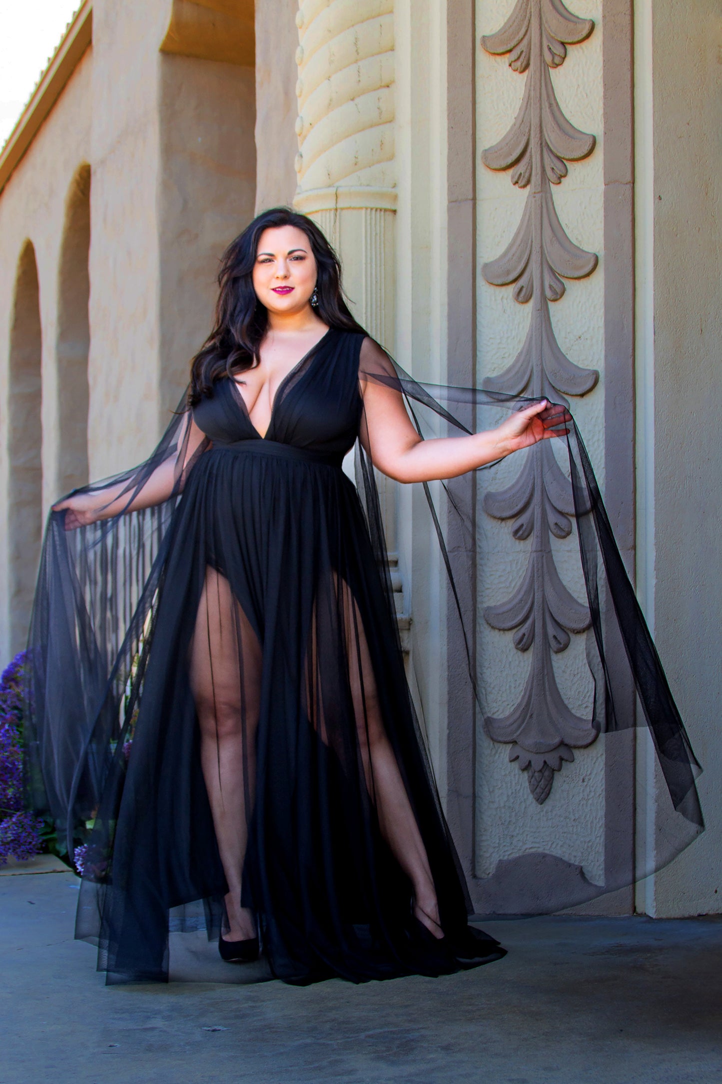 Gothic Glamour Bombshell Gown in Black with Floor Length Sheer Cape Sleeves