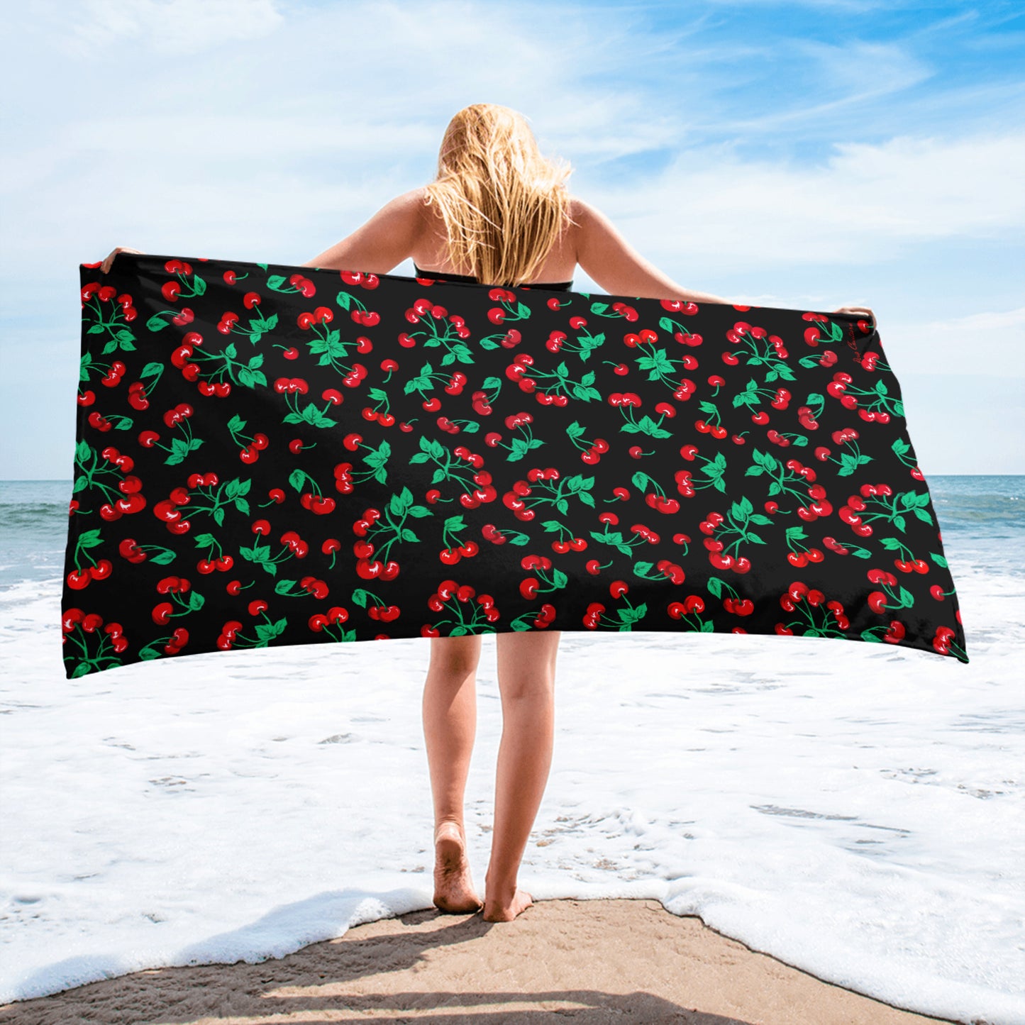 Arden Black Coffee Cherry Girl Beach & Bath Towel | Pinup Couture Home