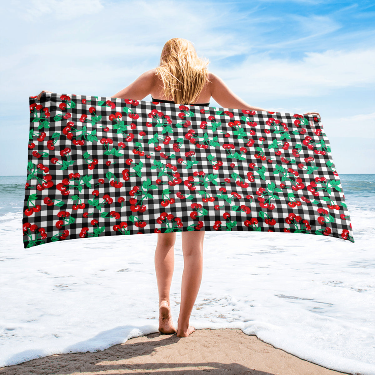 Arden Black Gingham Cherry Girl Beach & Bath Towel