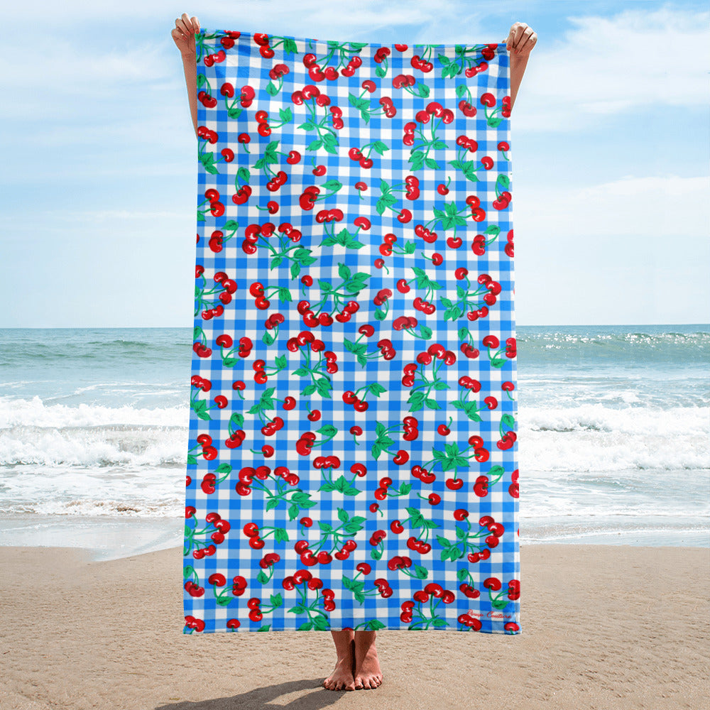 Arden Blue Gingham Cherry Girl Beach & Bath Towel | Pinup Couture Home