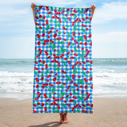 Arden Blue Gingham Cherry Girl Beach & Bath Towel | Pinup Couture Home