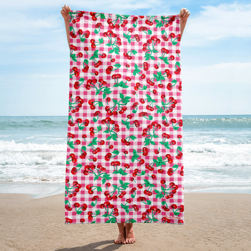 Arden Pink Gingham Cherry Girl Beach & Bath Towel | Pinup Couture Home