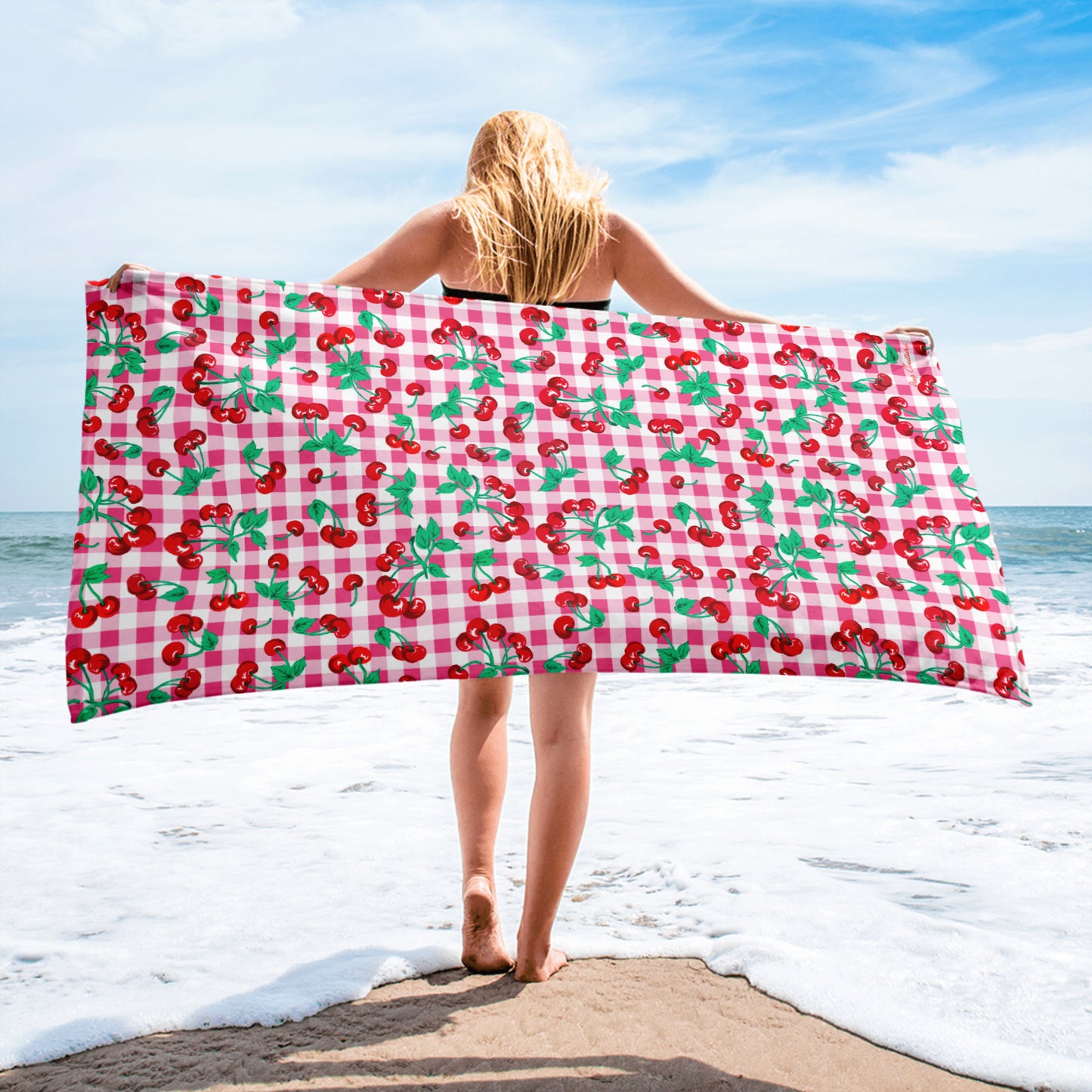 Arden Pink Gingham Cherry Girl Beach & Bath Towel | Pinup Couture Home