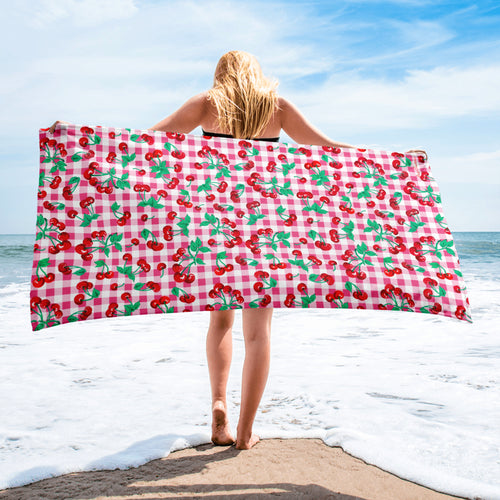 Arden Pink Gingham Cherry Girl Beach & Bath Towel