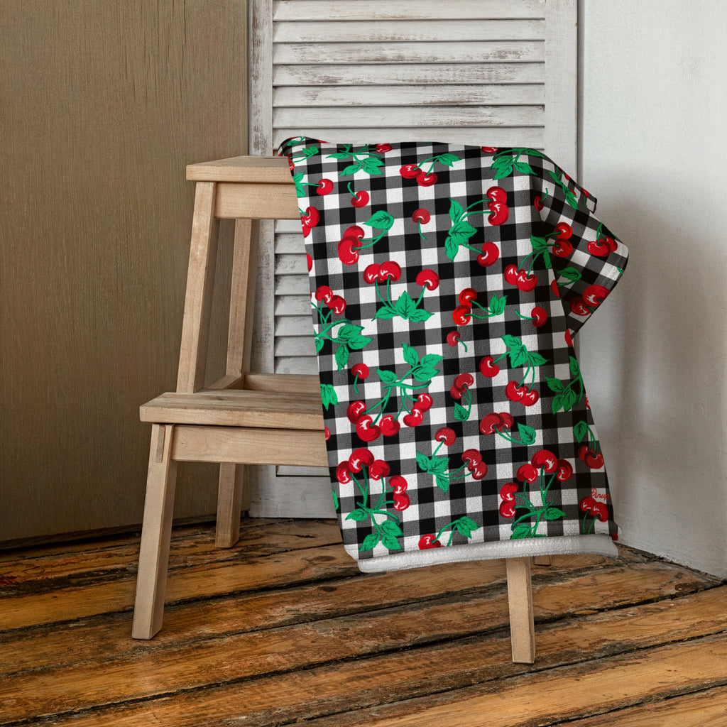 Arden Black Gingham Cherry Girl Beach & Bath Towel