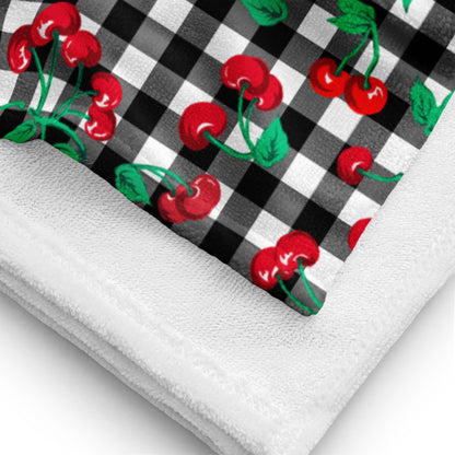 Arden Black Gingham Cherry Girl Beach & Bath Towel | Pinup Couture Home