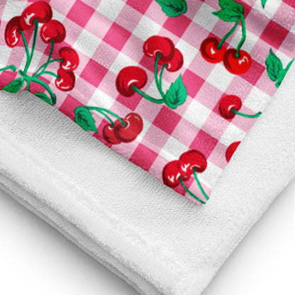 Arden Pink Gingham Cherry Girl Beach & Bath Towel | Pinup Couture Home