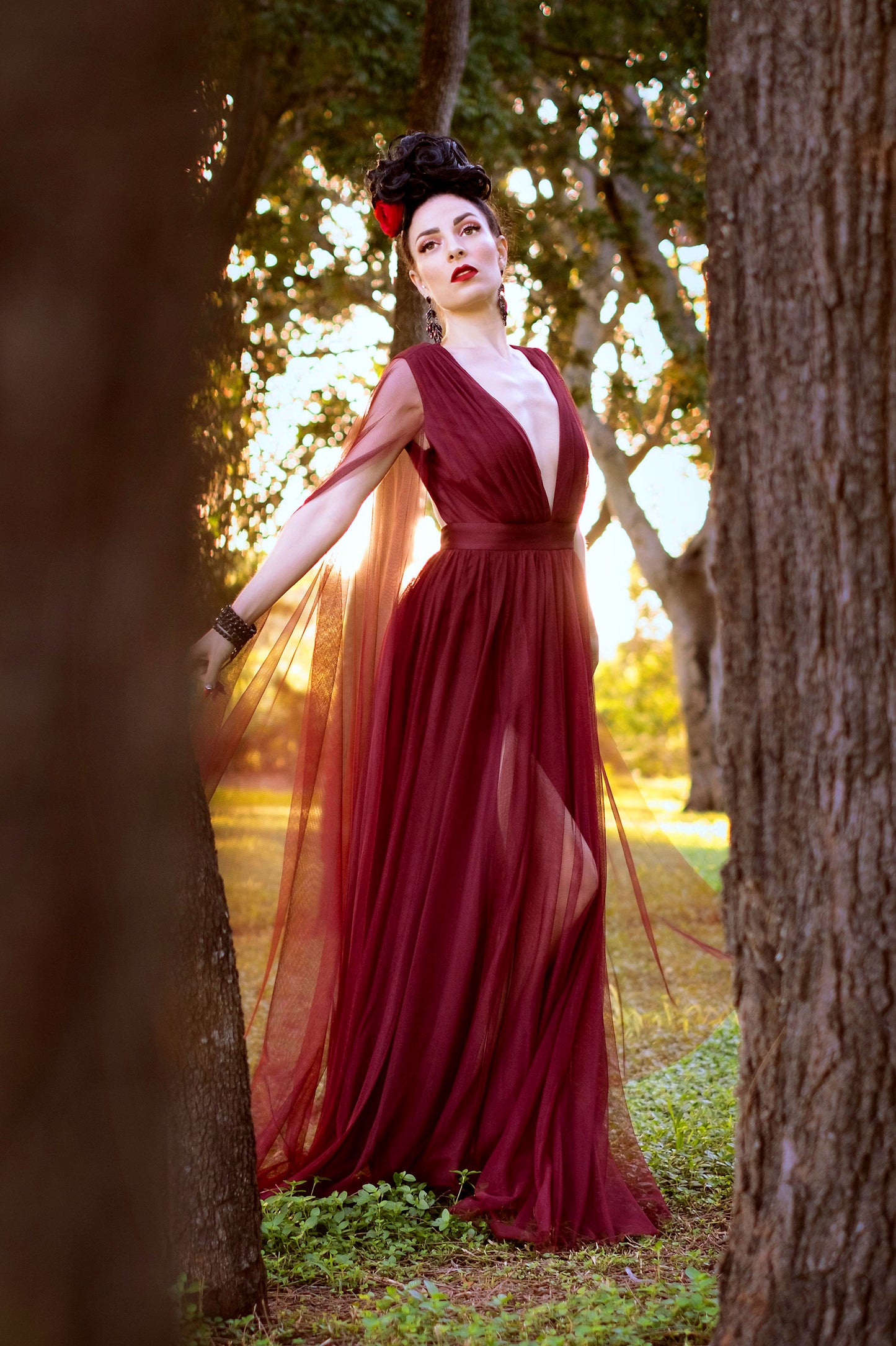 Pre Order - Gothic Glamour - Bombshell Plunge Maxi Gown in Burgundy Wine with Sheer Mesh Sleeves