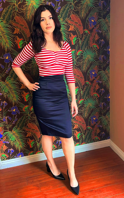 LB High Waisted Pencil Skirt in Navy Cotton Sateen | Laura Byrnes Design