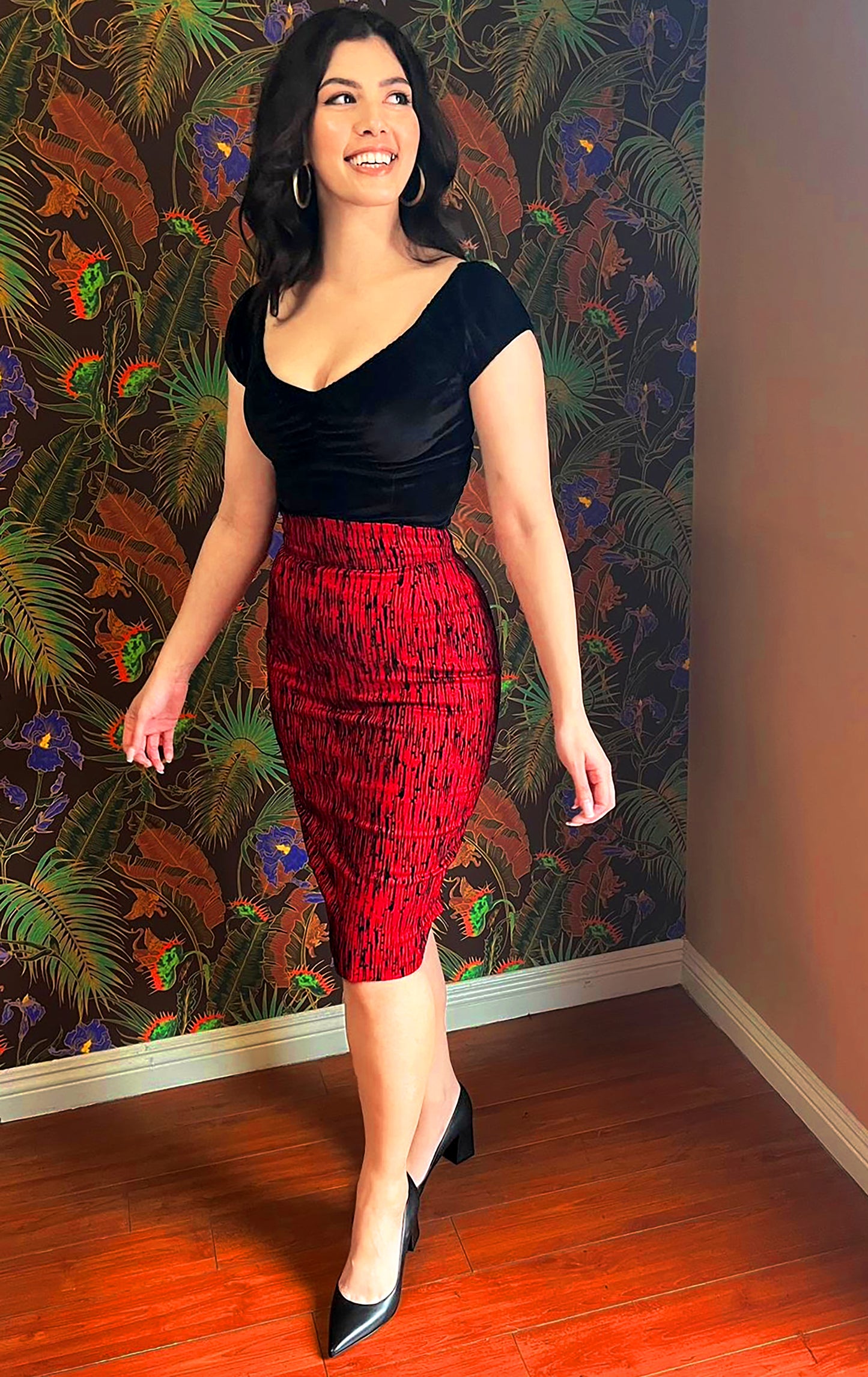 LB High Waisted Pencil Skirt in Red Flocked | Laura Byrnes Design