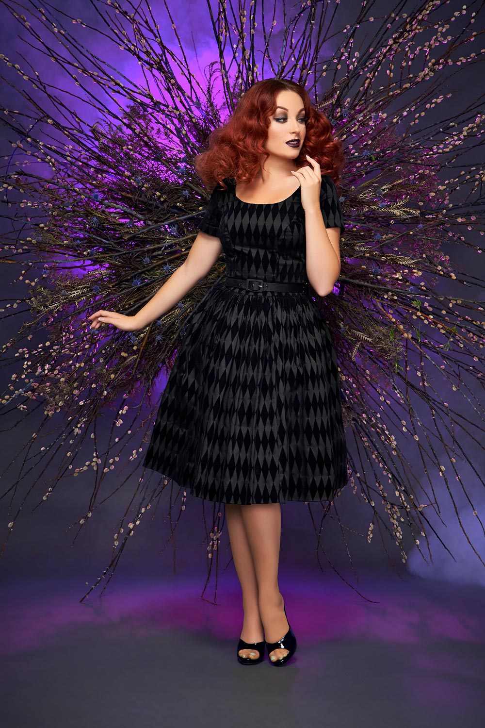 Pinup Couture Gena Dress in Black Flocked Harlequin