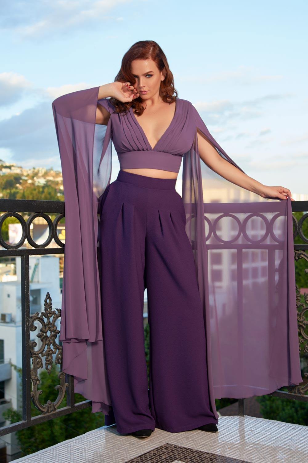 Dietrich Vintage Wide Leg Palazzo Pants in Purple Crepe 32" Inseam | Laura Byrnes Design - pinupgirlclothing.com