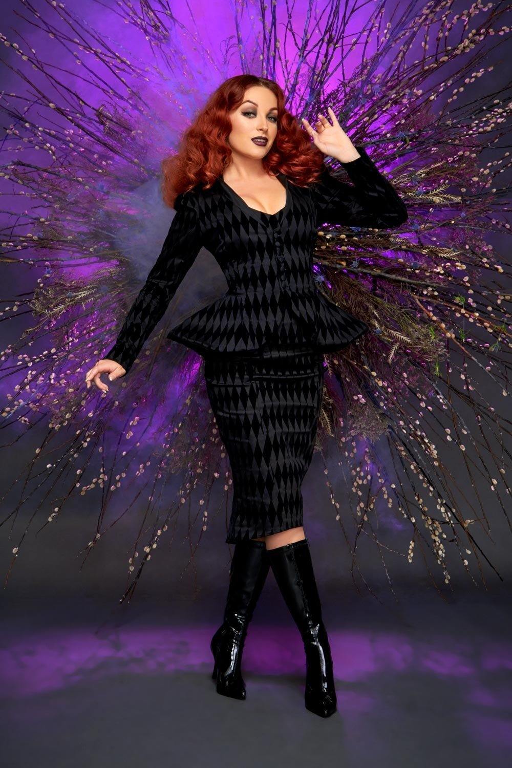 LB High Waisted Pencil Skirt in Black Flocked Harlequin
