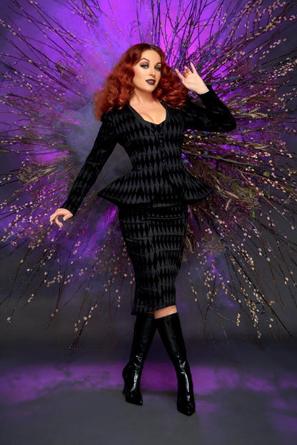 LB High Waisted Pencil Skirt in Black Flocked Harlequin | Laura Byrnes Design