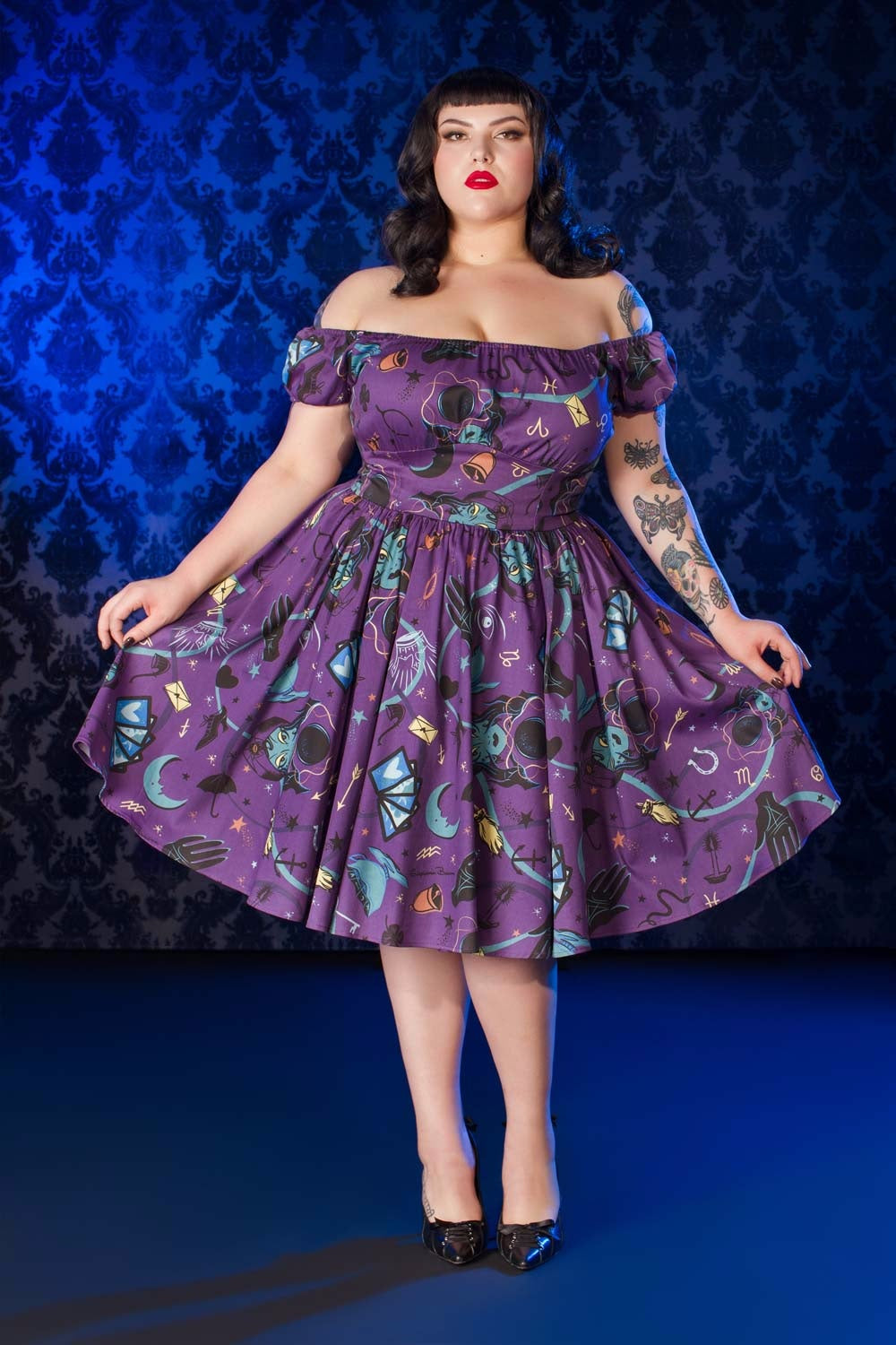 Pinup Couture Peasant Dress in Fortune Teller Print