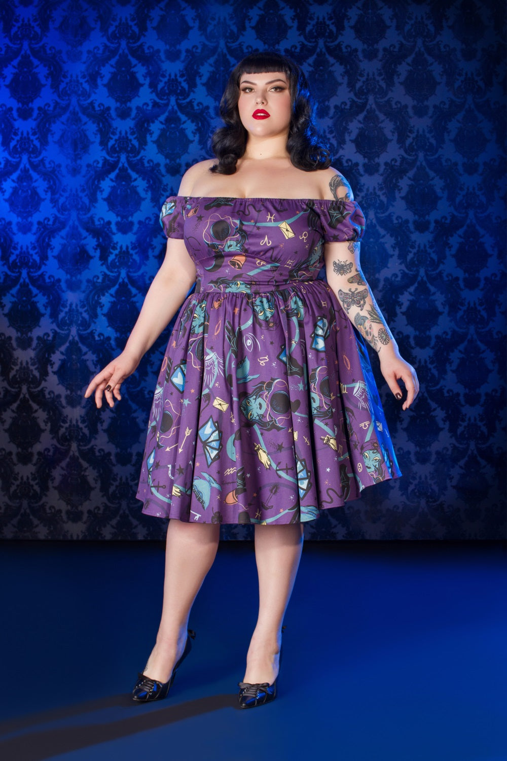 Pinup Couture Peasant Dress in Fortune Teller Print
