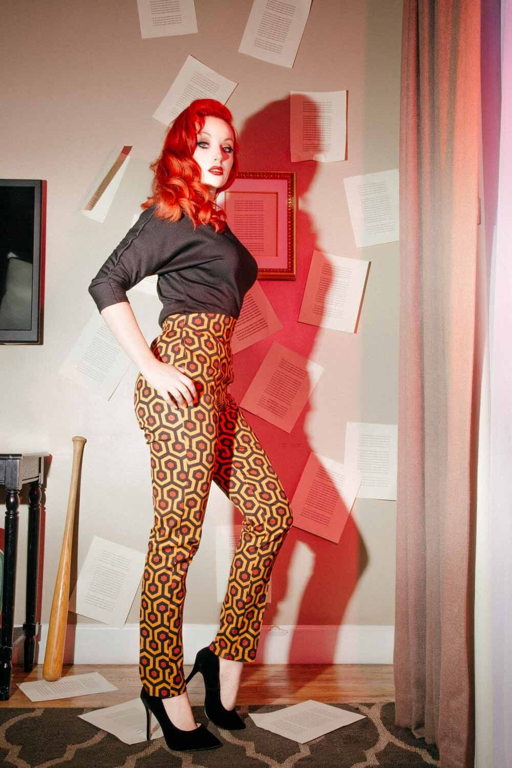 Laura Byrnes Long Trousers in Red Hotel Printed Twill