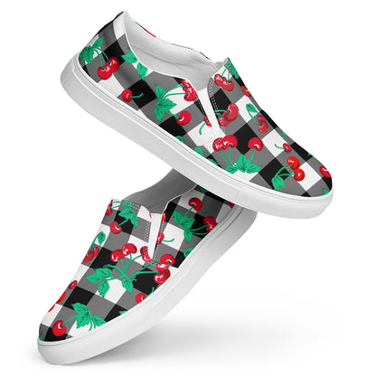 Black Gingham Cherry Girl Women’s Canvas Slip-On Deck Shoes | Pinup Couture Relaxed