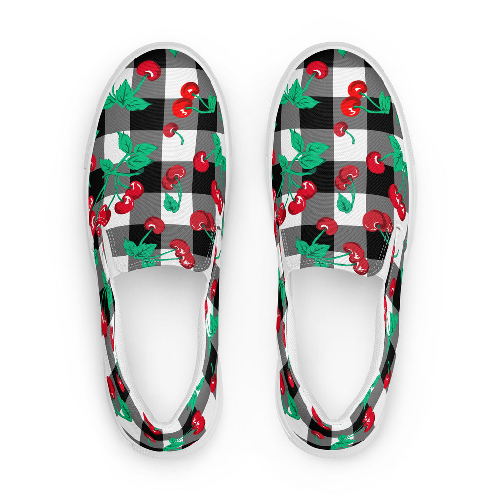 Black Gingham Cherry Girl Women’s Canvas Slip-On Deck Shoes