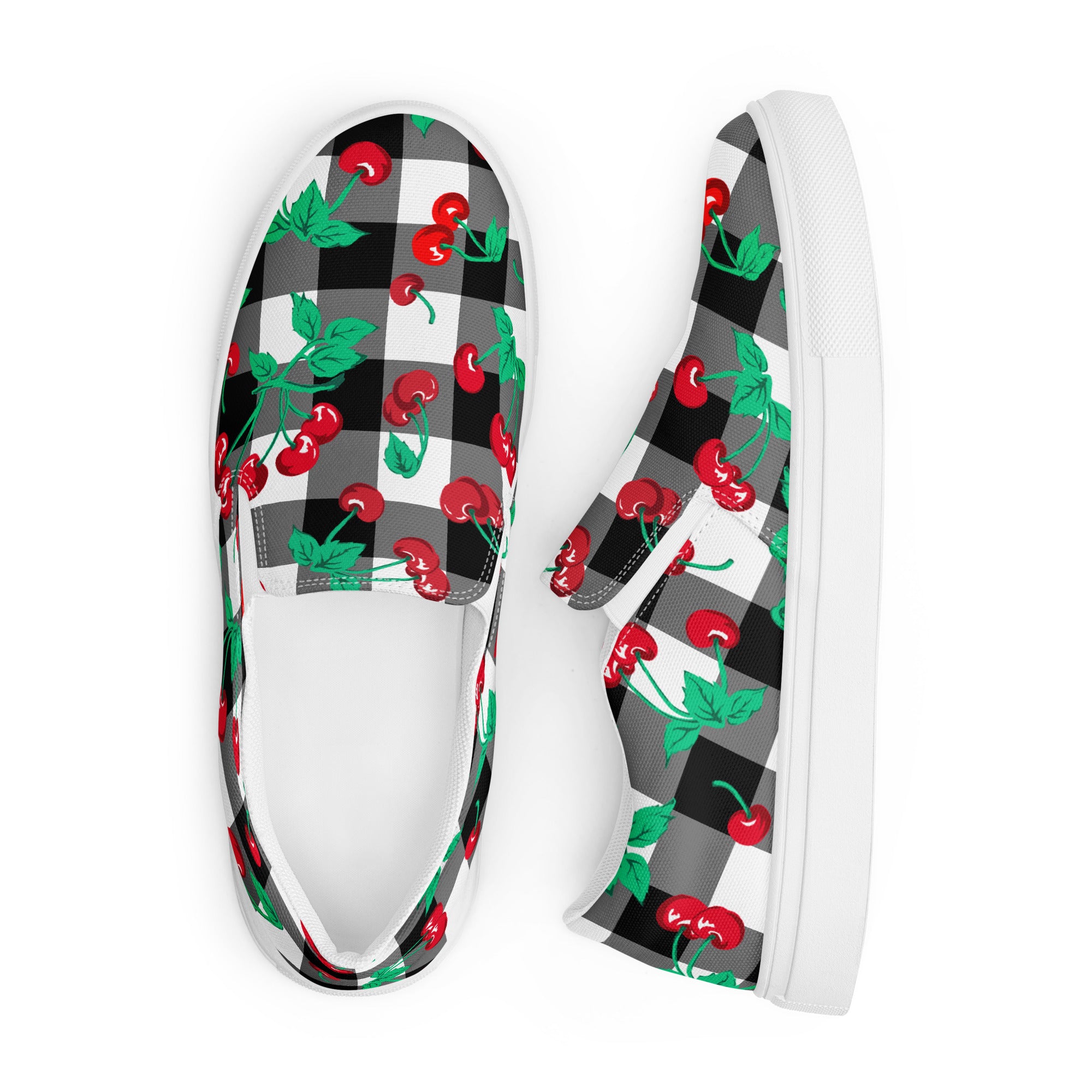 Black Gingham Cherry Girl Women’s Canvas Slip-On Deck Shoes