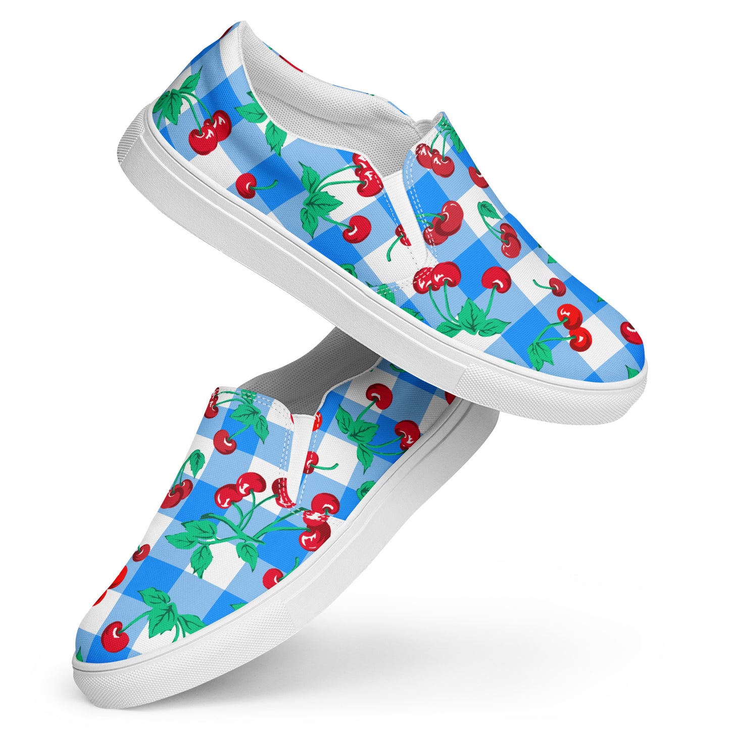 Blue Gingham Cherry Girl Women’s Canvas Slip-On Deck Shoes | Pinup Couture Relaxed