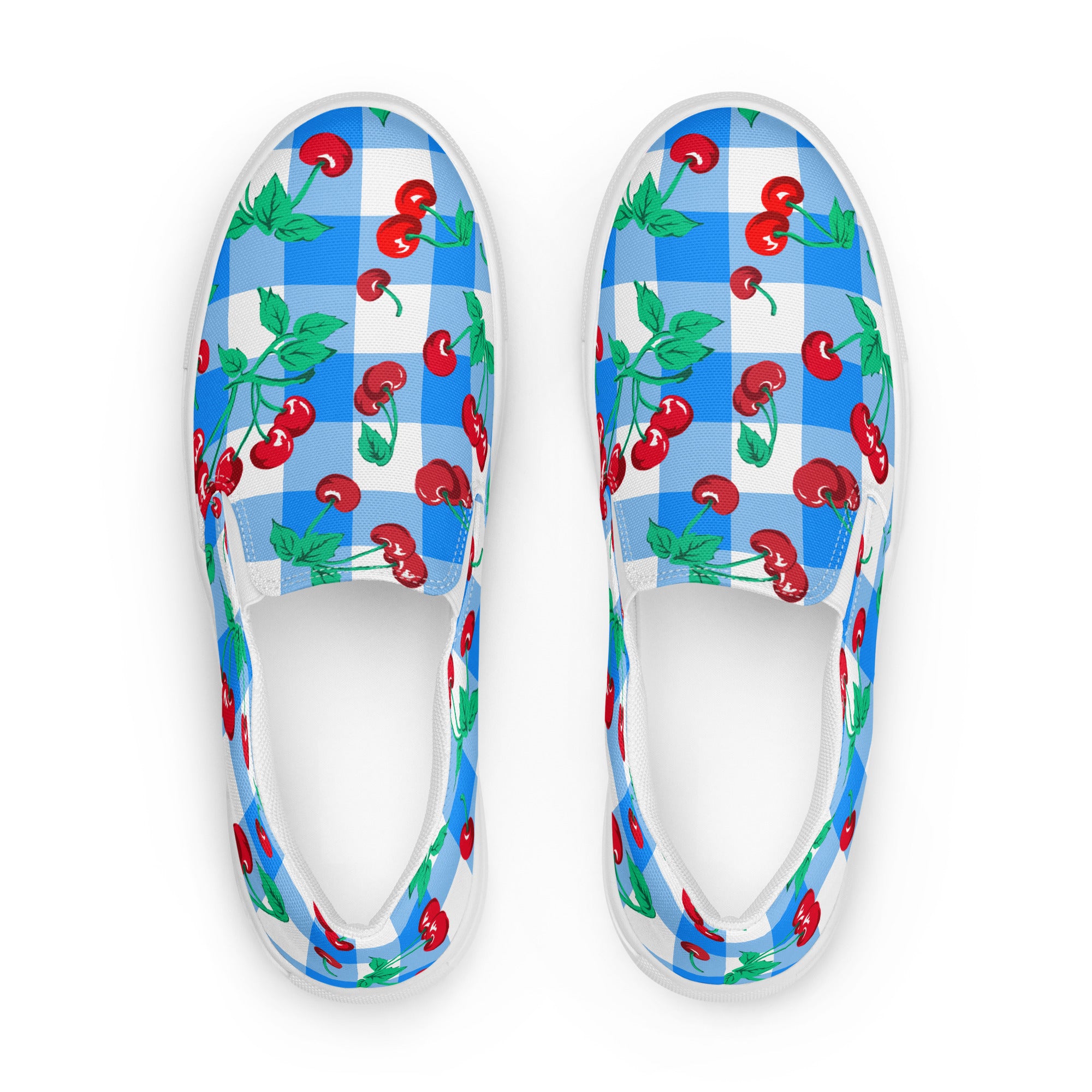 Blue Gingham Cherry Girl Women’s Canvas Slip-On Deck Shoes