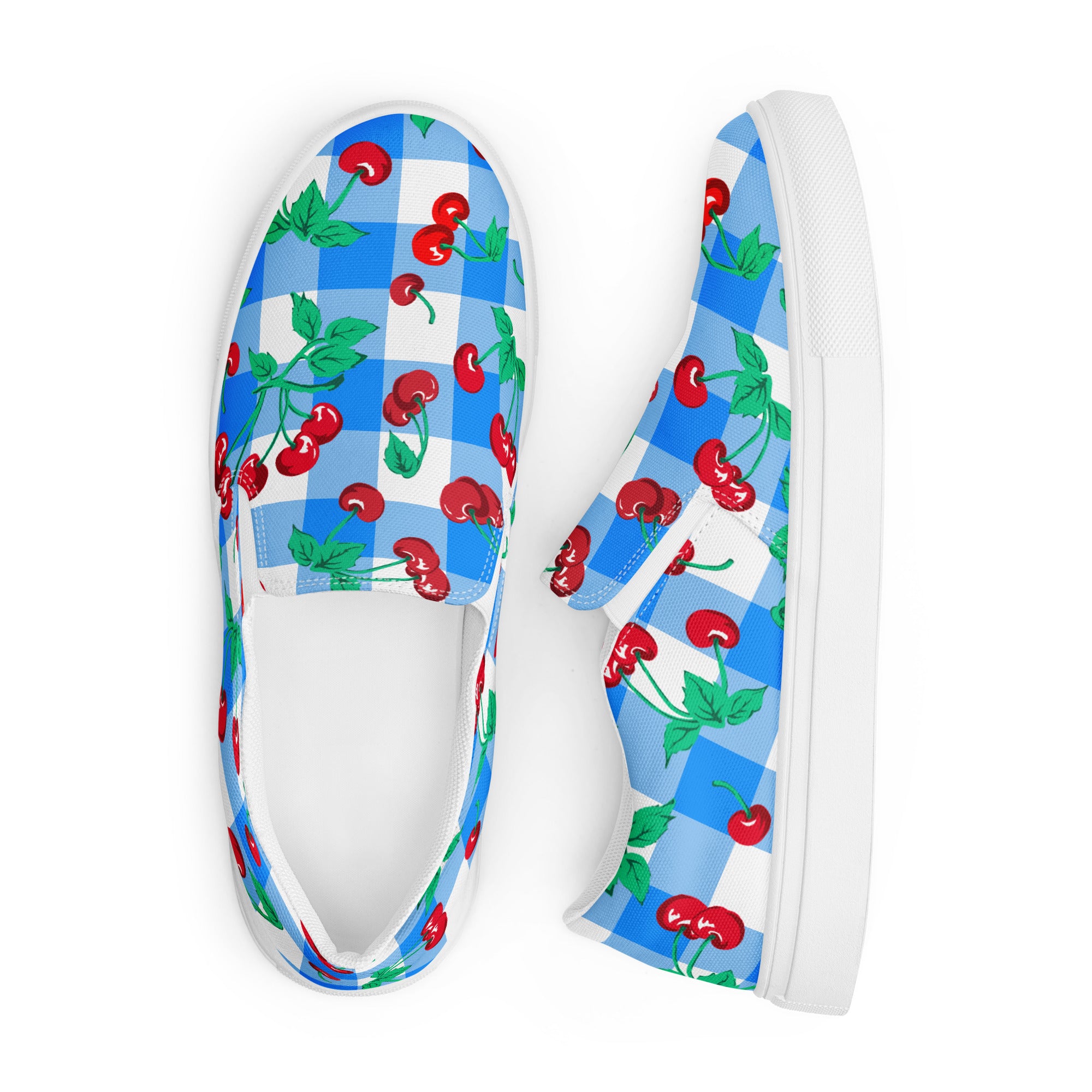 Blue Gingham Cherry Girl Women’s Canvas Slip-On Deck Shoes