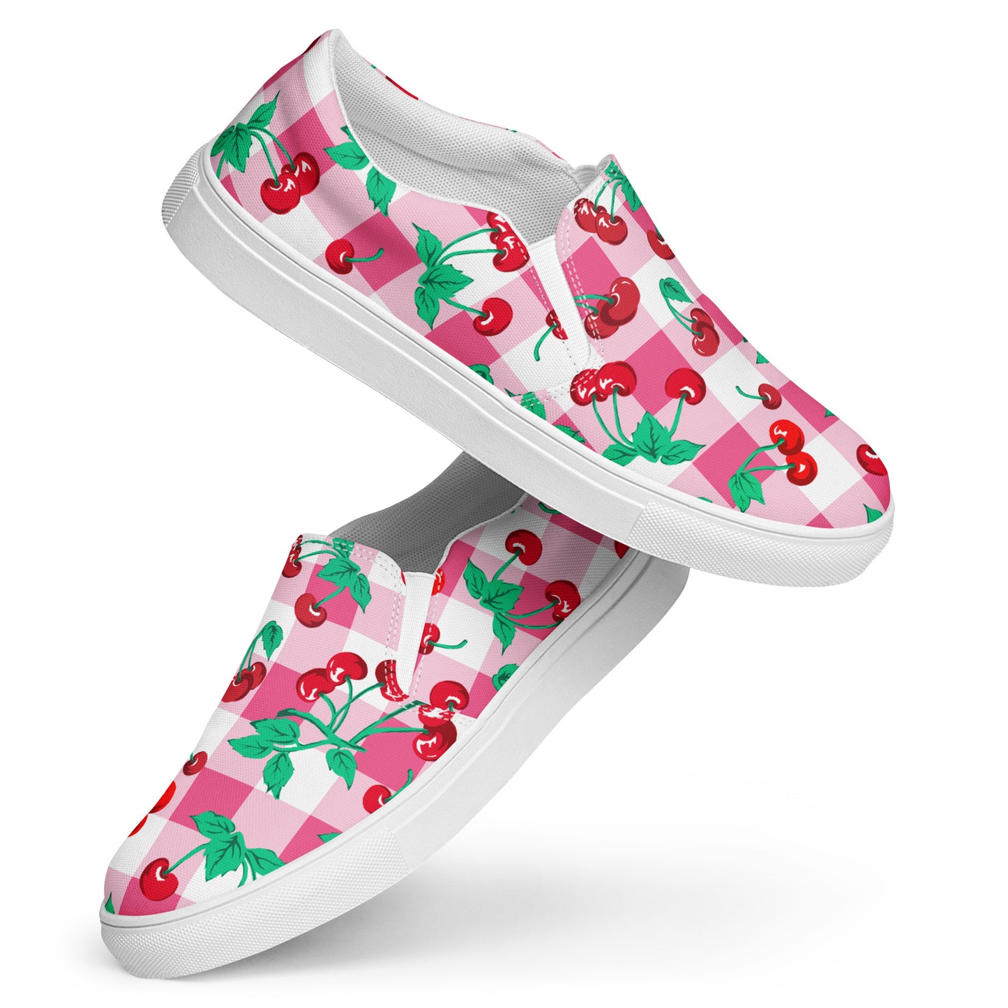 Pink Gingham Cherry Girl Women’s Canvas Slip-on Deck Shoes | Pinup Couture Relaxed