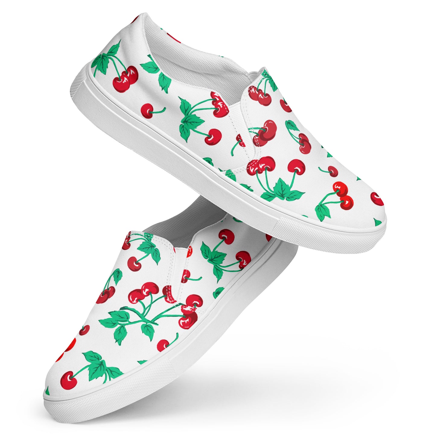 White Chocolate Cherry Print Women’s Canvas Slip-On Deck Shoes | Pinup Couture Relaxed