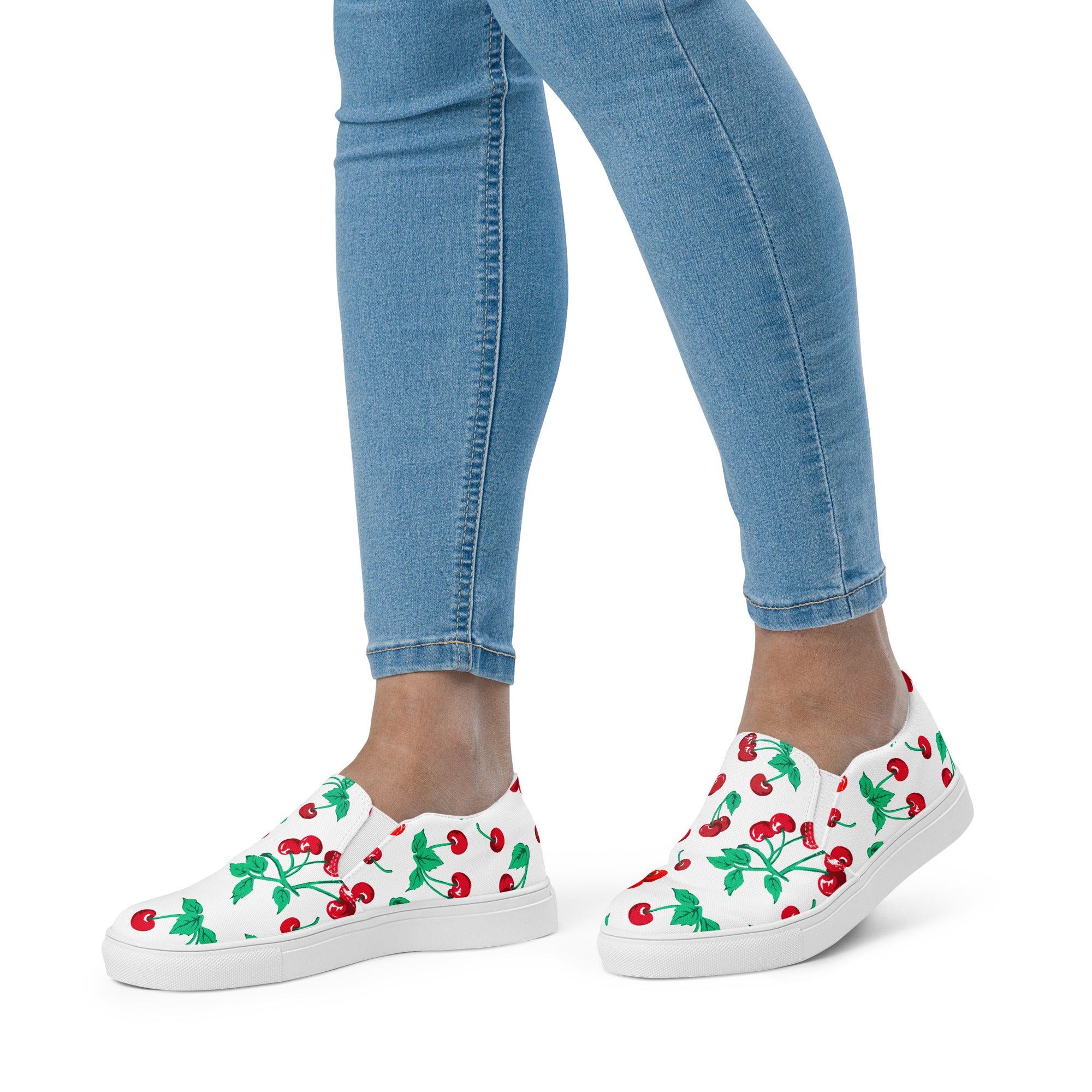 White Chocolate Cherry Print Women’s Canvas Slip-On Deck Shoes