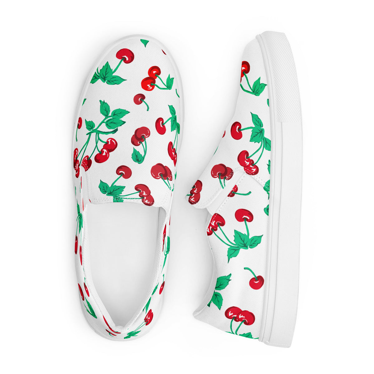 White Chocolate Cherry Print Women’s Canvas Slip-On Deck Shoes